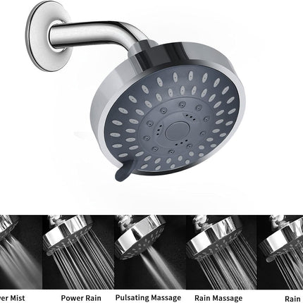 Shower Head High Pressure Rain Fixed Showerhead 5-Setting with Adjustable Metal Swivel Ball Joint - Relaxed Shower Experience Even at Low Water Flow & Pressure