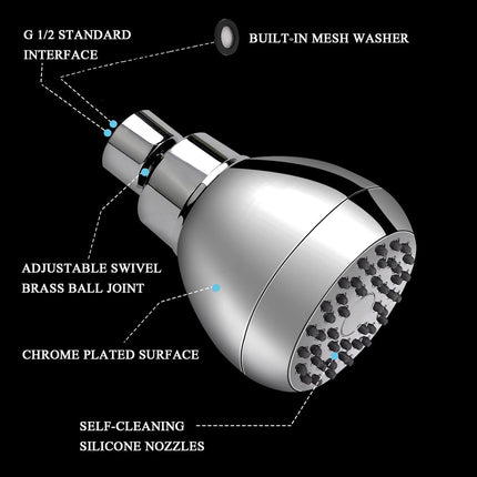 High Pressure Shower Head 3 Inches Anti-clog Anti-leak Fixed Showerhead Chrome with Adjustable Swivel Brass Ball Joint for Relaxing and Comfortable Shower Experience