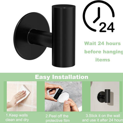 4 Pack Adhesive Towel Hooks for Bathroom, Waterproof Wall Mount Towel Holder, Matte Black Wall Robe Hook, Stainless Steel Heavy Duty Door Hanger Towel Hook for Kitchen, Bedroom, Hotel
