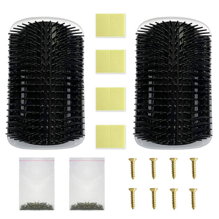 2 Pack Black Catnip Wall Massage Corner Brush for Long & Short Fur Cats and Kittens - Self Groomer Scratcher with Soft Comb