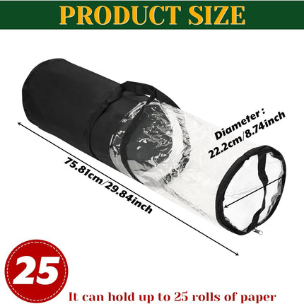 Homakover Clear PVC Christmas Wrapping Paper Organizer Storage, 30" Gift Wrap Organizer Zippered Storage, Fit for 18-25 Rolls (Black)