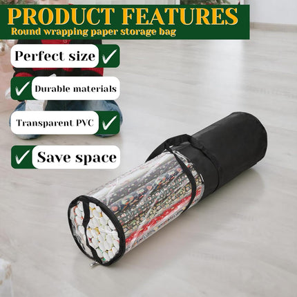 Homakover Clear PVC Christmas Wrapping Paper Organizer Storage, 30" Gift Wrap Organizer Zippered Storage, Fit for 18-25 Rolls (Black)