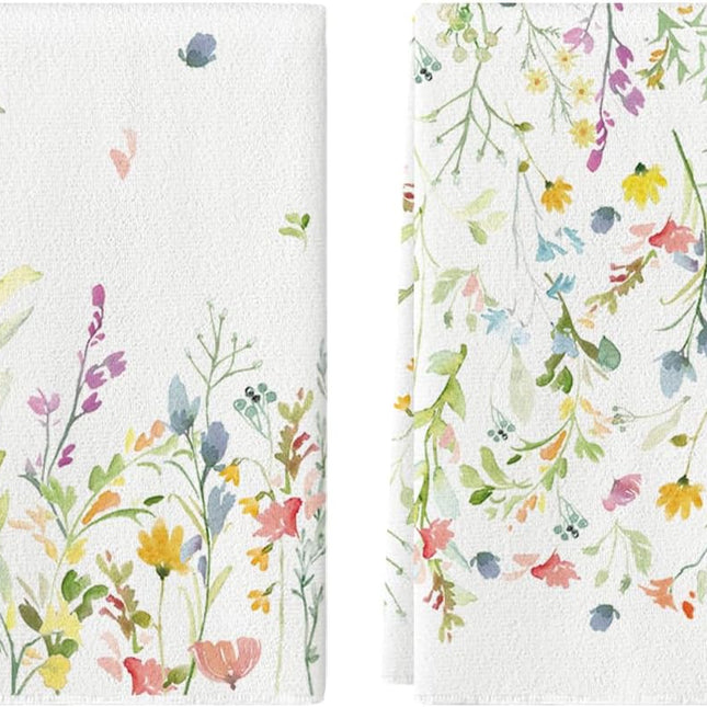 Wildflower Floral Spring Kitchen Towels Dish Towels, 18x26 Inch Farmhouse Summer Decoration Hand Towels Set of 2