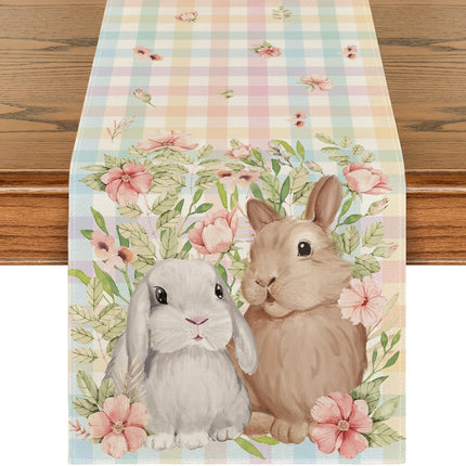 Bunny Rabbit Leaves Floral Easter Table Runner, Seasonal Spring Kitchen Dining Table Decoration for Home Party Decor 13x72 Inch