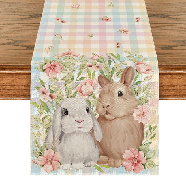 Bunny Rabbit Leaves Floral Easter Table Runner Seasonal Spring Kitchen Dining Table Decoration for Home