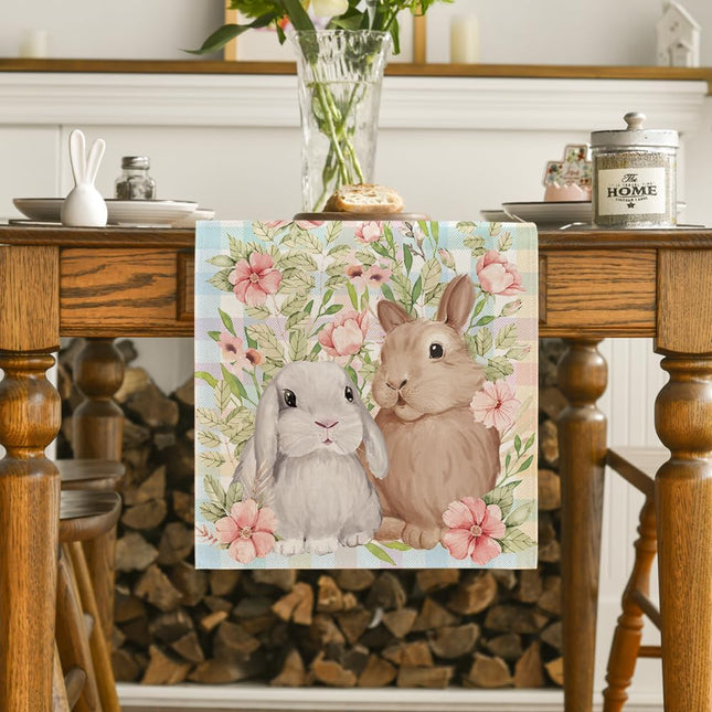 Bunny Rabbit Leaves Floral Easter Table Runner Seasonal Spring Kitchen Dining Table Decoration for Home – product detail