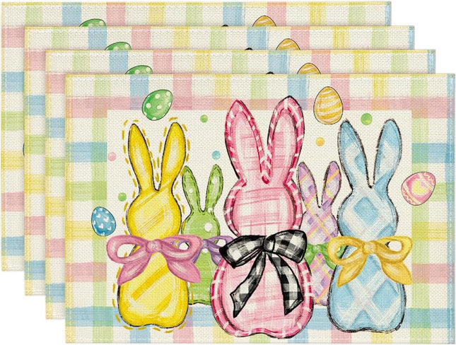Colorful Buffalo Plaid Bunny Rabbits Happy Easter Placemats Set of 4 12x18 Inch Seasonal Spring Holiday
