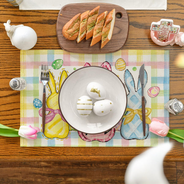 Colorful Buffalo Plaid Bunny Rabbits Happy Easter Placemats Set of 4 12x18 Inch Seasonal Spring Holiday – product detail