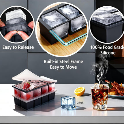 2-Pack Large Ice Cube Trays for Whiskey, Stackable & Easy-Release Silicone Square 2-inch Ice Cube Maker Mold with Lid for Freezer, Cocktail, Bourbon, Drinks