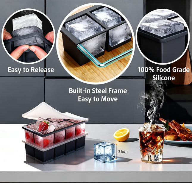 2-Pack Large Ice Cube Trays for Whiskey Stackable & Easy-Release Silicone Square 2-inch Ice Cube – product detail