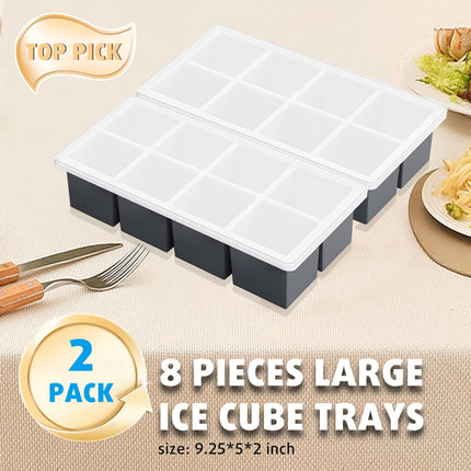 2-Pack Large Ice Cube Trays for Whiskey, Stackable & Easy-Release Silicone Square 2-inch Ice Cube Maker Mold with Lid for Freezer, Cocktail, Bourbon, Drinks