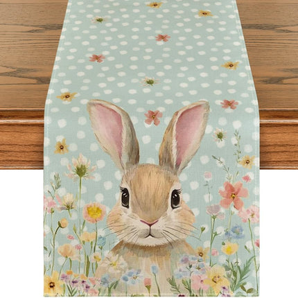 Bunny Rabbit Floral Polka Dot Happy Easter Table Runner,Seasonal Spring Kitchen Dining Table Decoration for Home Party Decor 13x72 Inch