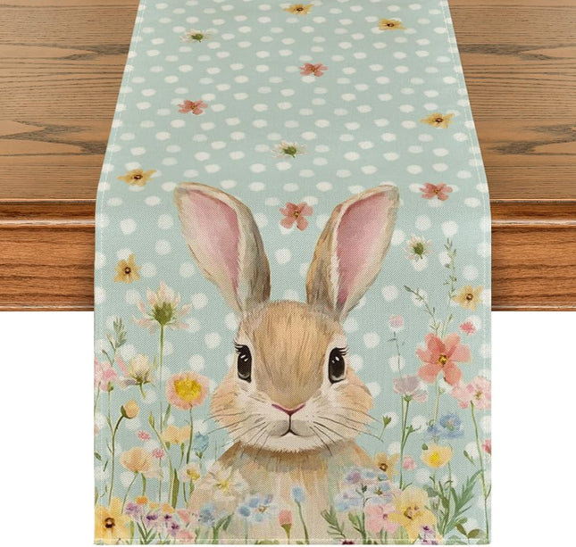Bunny Rabbit Floral Polka Dot Happy Easter Table Runner Seasonal Spring Kitchen Dining Table Decoration for