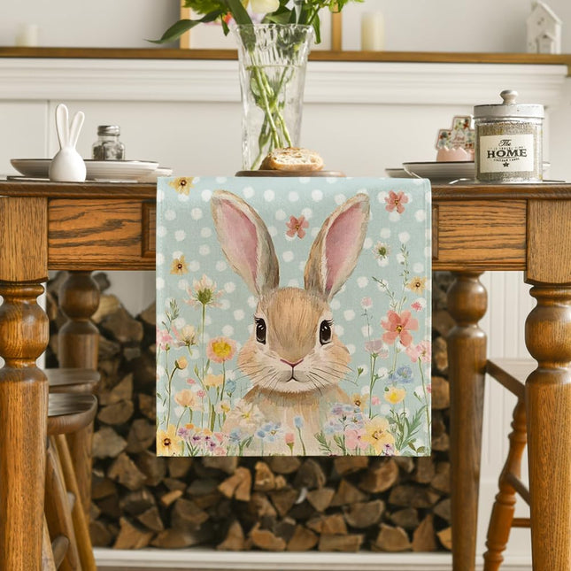 Bunny Rabbit Floral Polka Dot Happy Easter Table Runner Seasonal Spring Kitchen Dining Table Decoration – product detail