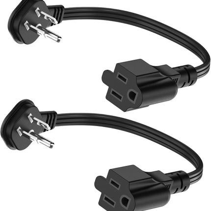 Flat Plug 1Ft Short Extension Cord, 90-Degree Plug Low Profile Power Adapter, 3-Prong Indoor Grounded Small Extension Cord Black 16AWG 13A 1625W 2 Pack