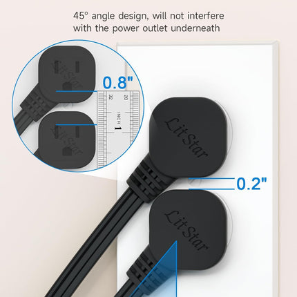 Flat Plug 1Ft Short Extension Cord, 90-Degree Plug Low Profile Power Adapter, 3-Prong Indoor Grounded Small Extension Cord Black 16AWG 13A 1625W 2 Pack