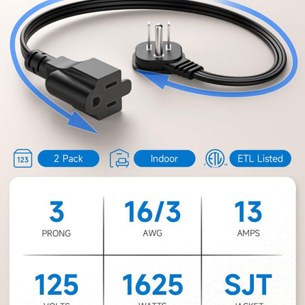 Flat Plug 1Ft Short Extension Cord, 90-Degree Plug Low Profile Power Adapter, 3-Prong Indoor Grounded Small Extension Cord Black 16AWG 13A 1625W 2 Pack