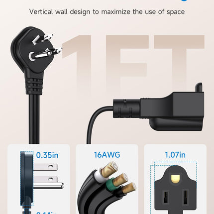 Flat Plug 1Ft Short Extension Cord, 90-Degree Plug Low Profile Power Adapter, 3-Prong Indoor Grounded Small Extension Cord Black 16AWG 13A 1625W 2 Pack