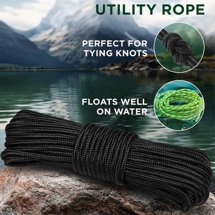 Rope – 1/4” & 3/8” – 90 FT | 150 FT – Strong All-Purpose Utility Rope – Camping, Crafting, Flag Pole, Indoor & Outdoor – Polypropylene Nylon Poly Lightweight Diamond Braided Cord – Black