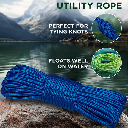 Rope – 90 Feet x 1/4 Inch (7mm) – Blue – Strong All-Purpose Utility Rope – Camping, Crafting, Flag Pole, Indoor & Outdoor – Polypropylene Nylon Poly Lightweight Diamond Braided Cord