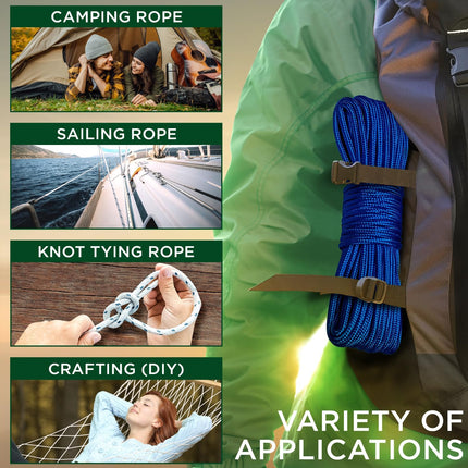 Rope – 90 Feet x 1/4 Inch (7mm) – Blue – Strong All-Purpose Utility Rope – Camping, Crafting, Flag Pole, Indoor & Outdoor – Polypropylene Nylon Poly Lightweight Diamond Braided Cord