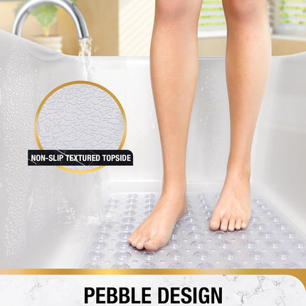 Bath Mat for Tub, Non Slip Bathtub Mat, 101x40cm Extra Long Bath Tub Mat, Machine Washable Bathroom Shower Mat with Suction Cups and Drain Holes, Soft on Feet, Clear