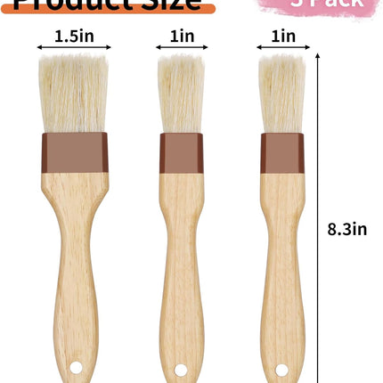 3 Pcs Pastry Brush, Natural Bristle Basting Brush, Cooking Brush, Food Brush, Butter Brush, Baster Brush, BBQ Brushes for Sauce, Kitchen Baking Brushes for Oil, Grilling, Marinade