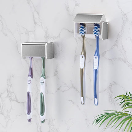 2 PCS Toothbrush Holders Wall Mounted with Cover, Electric Tooth Brushing Holder for Bathroom, 2 Slots Self Adhesive Toothbrush Organizer for Family, Kids (2, Brushed Silver)