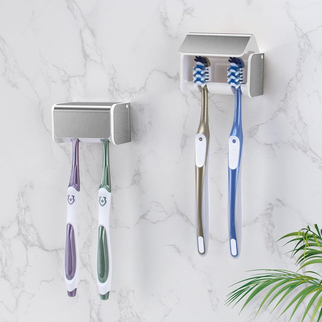 2 PCS Toothbrush Holders Wall Mounted with Cover Electric Tooth Brushing Holder for Bathroom 2 Slots (2