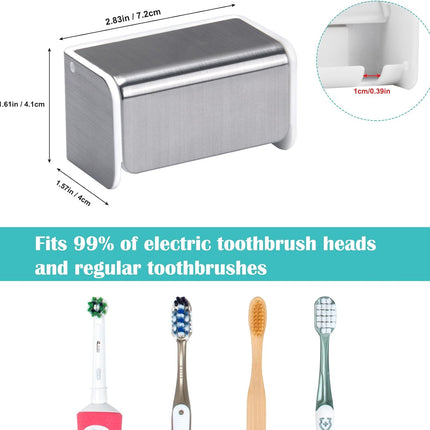 2 PCS Toothbrush Holders Wall Mounted with Cover, Electric Tooth Brushing Holder for Bathroom, 2 Slots Self Adhesive Toothbrush Organizer for Family, Kids (2, Brushed Silver)