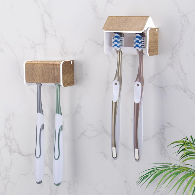 2 PCS Toothbrush Holders Wall Mounted with Cover Electric Tooth Brushing Holder for Bathroom 2 Slots (2 Wood