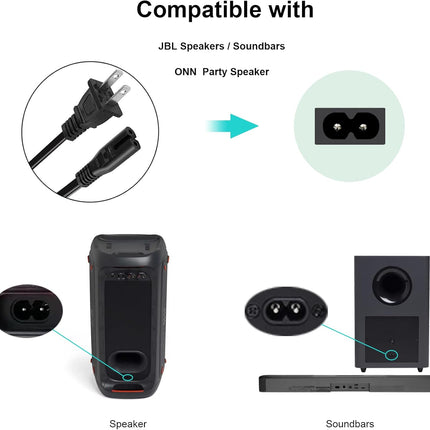 Power Cord for JBL PartyBox 100 110 200 300 310 710 1000 On-The-Go Speaker, ONN Party Speaker, JBL Soundbar 2 Prong Power Cable Replacement