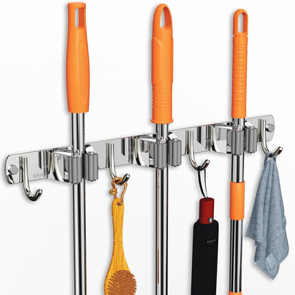 Mop and Broom Holder Wall Mount, Upgraded Broom Organizer Wall Mount, Stainless Steel Broom Hanger Wall Mount for Home Kitchen Garden Laundry Garage (3 Racks with 4 Hooks)