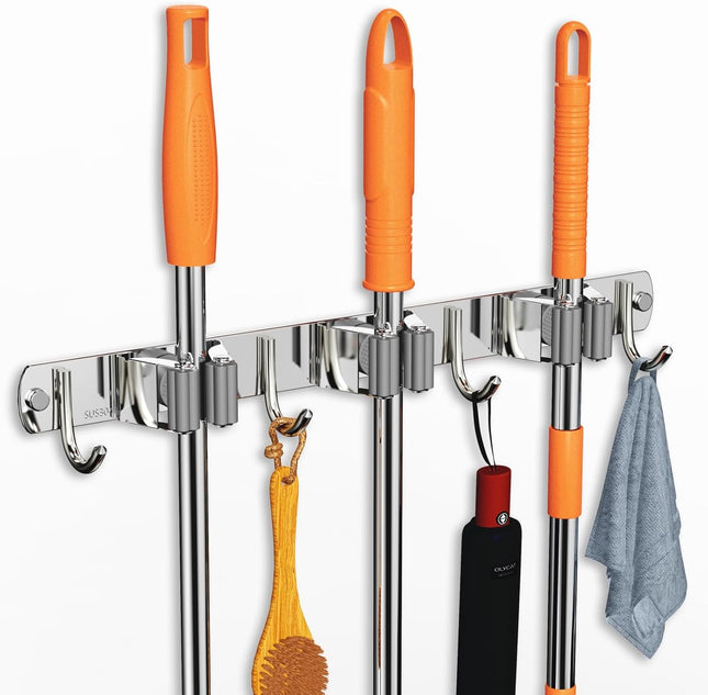 Mop and Broom Holder Wall Mount Upgraded Broom Organizer Wall Mount Stainless Steel Broom Hanger