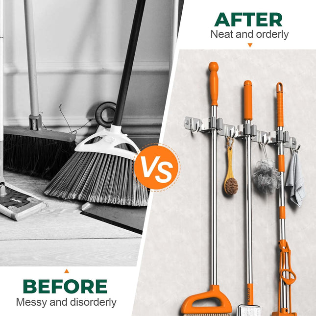 Mop and Broom Holder Wall Mount Upgraded Broom Organizer Wall Mount Stainless Steel Broom Hanger – product detail