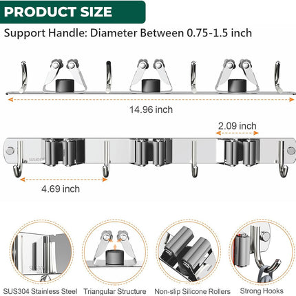 Mop and Broom Holder Wall Mount, Upgraded Broom Organizer Wall Mount, Stainless Steel Broom Hanger Wall Mount for Home Kitchen Garden Laundry Garage (3 Racks with 4 Hooks)