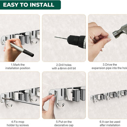 Mop and Broom Holder Wall Mount, Upgraded Broom Organizer Wall Mount, Stainless Steel Broom Hanger Wall Mount for Home Kitchen Garden Laundry Garage (3 Racks with 4 Hooks)