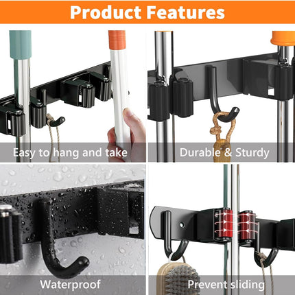 Mop and Broom Holder Wall Mount, Upgraded Broom Organizer Wall Mount, Stainless Steel Broom Hanger Wall Mount for Kitchen Garden Laundry Room Decor (3 Racks with 4 Hooks Black)