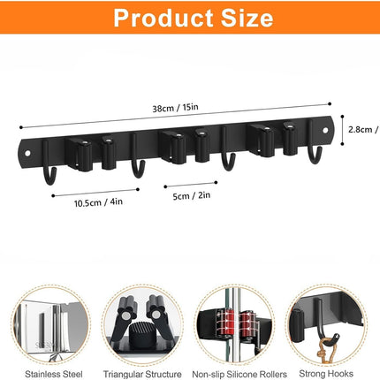 Mop and Broom Holder Wall Mount, Upgraded Broom Organizer Wall Mount, Stainless Steel Broom Hanger Wall Mount for Kitchen Garden Laundry Room Decor (3 Racks with 4 Hooks Black)