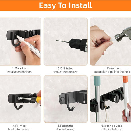 Mop and Broom Holder Wall Mount, Upgraded Broom Organizer Wall Mount, Stainless Steel Broom Hanger Wall Mount for Kitchen Garden Laundry Room Decor (3 Racks with 4 Hooks Black)