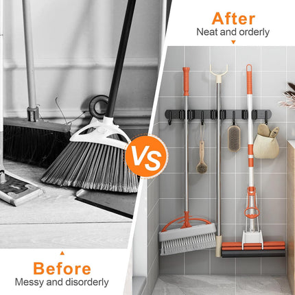 Mop and Broom Holder Wall Mount, Upgraded Broom Organizer Wall Mount, Stainless Steel Broom Hanger Wall Mount for Kitchen Garden Laundry Room Decor (3 Racks with 4 Hooks Black)
