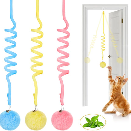 Hanging Fluffy Cat Catnip Ball Toys 3 Pcs with Bell, Interactive Cat Teaser Retractable Toys Indoor Kitten Play Chase Exercise Physical Stimulation