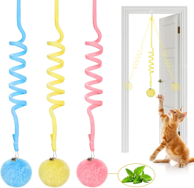 Hanging Fluffy Cat Catnip Ball Toys 3 Pcs with Bell Interactive Cat Teaser Retractable Toys Indoor Kitten
