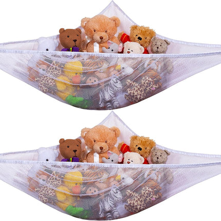 Stuffed Animal Organizer Hammock, 2-Pack Mesh Toy Storage Net for Kids, Expands to 5.5 Feet, Corner Hanging Holder for Plushies & Children's Toys, Easy Install, White