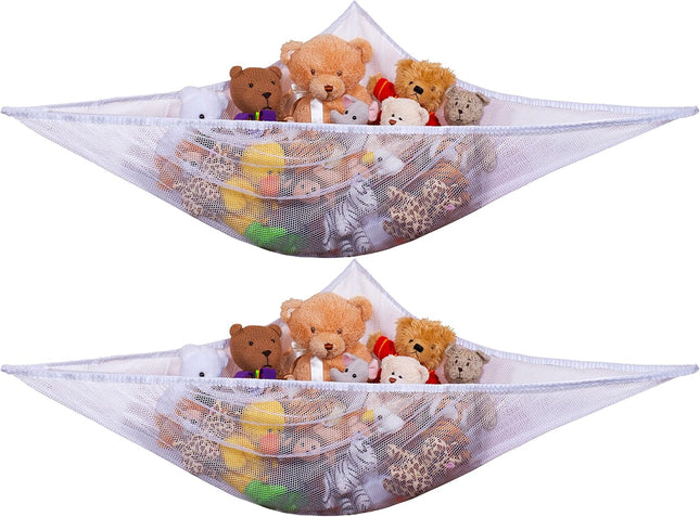 Stuffed Animal Organizer Hammock 2-Pack Mesh Toy Storage Net for Kids Expands to 5.5 Feet in White