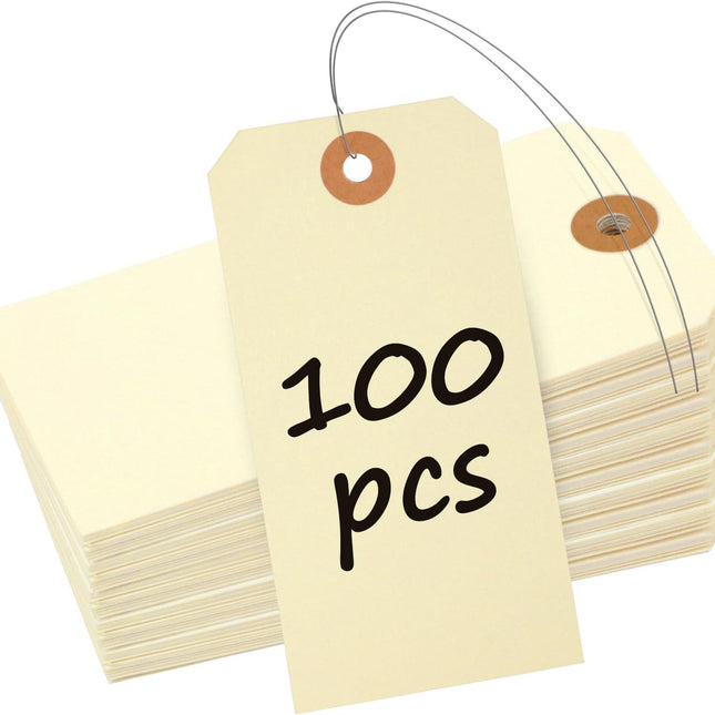 100 Pcs Manila Tags Blank Shipping Tag with Wire Attached 4.7 Inch Paper Hang Tag with Reinforced Eyelet Large Marking Writable Price Tags Inventory Label, 4.7" x 2 3/8"