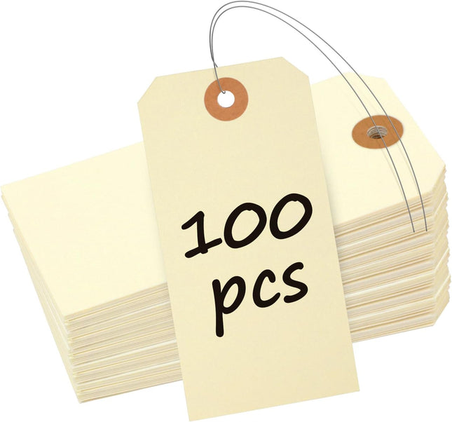 100 Pcs Manila Tags Blank Shipping Tag with Wire Attached 4.7 Inch Paper Hang Tag V1258-DP02-B-2757