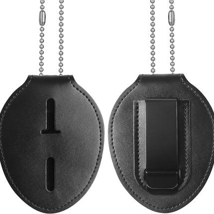 Police Badge Holder, Cowhide Law Enforcement Badge Holder with Metal Belt Clip & Stainless Steel Bead Chain, Universal Oval Leather, Hook and Loop Sheriff ID Carrier, Black