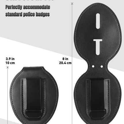 Police Badge Holder, Cowhide Law Enforcement Badge Holder with Metal Belt Clip & Stainless Steel Bead Chain, Universal Oval Leather, Hook and Loop Sheriff ID Carrier, Black