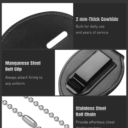 Police Badge Holder, Cowhide Law Enforcement Badge Holder with Metal Belt Clip & Stainless Steel Bead Chain, Universal Oval Leather, Hook and Loop Sheriff ID Carrier, Black